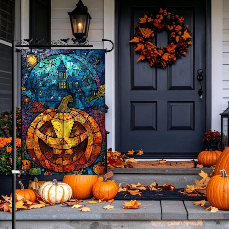 KarvePro Halloween Garden Flag 12x18 – Double Sided Burlap Flag with Pumpkin & Stained Glass Design –Fall Outdoor Yard Decor for Halloween - Image 2